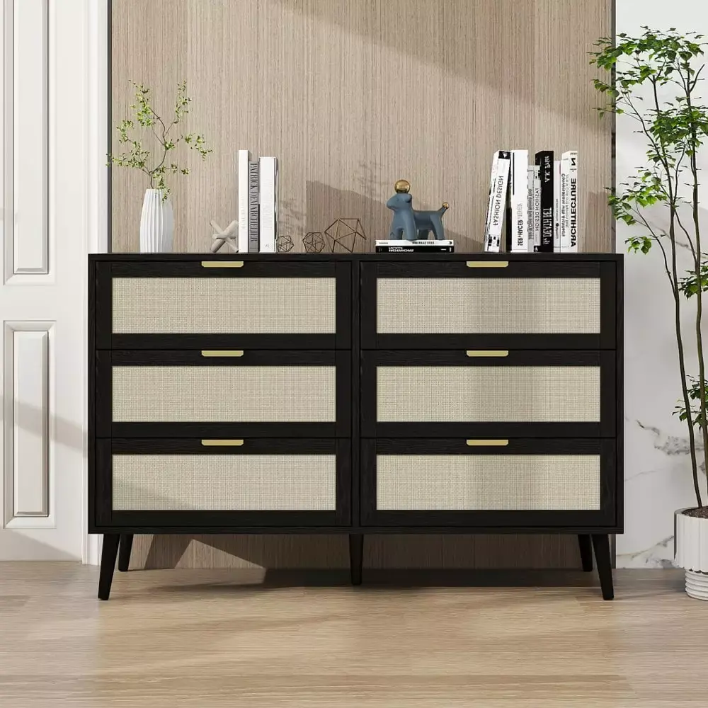 Tcbosik 6 Drawer Dresser with Rattan Decorated Modern Chest of Drawers Black