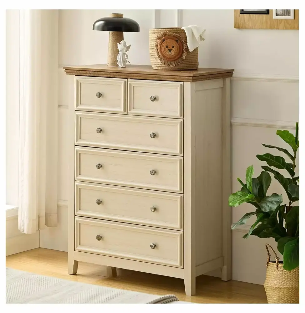 Zengpin Modern 6 Drawer Beige Wood Dresser with Metal Knobs