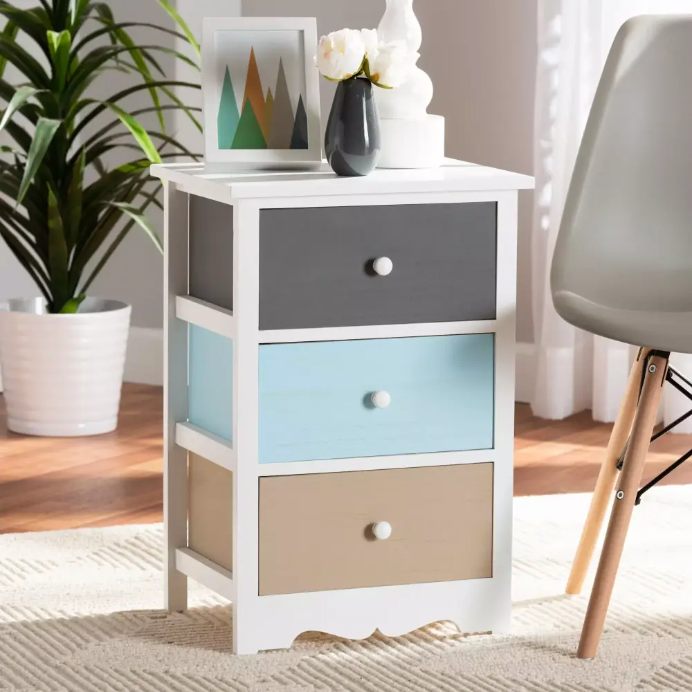 Baxton Studio Kalila Modern 3-Drawer End Table in White and Multi-Colored Finish