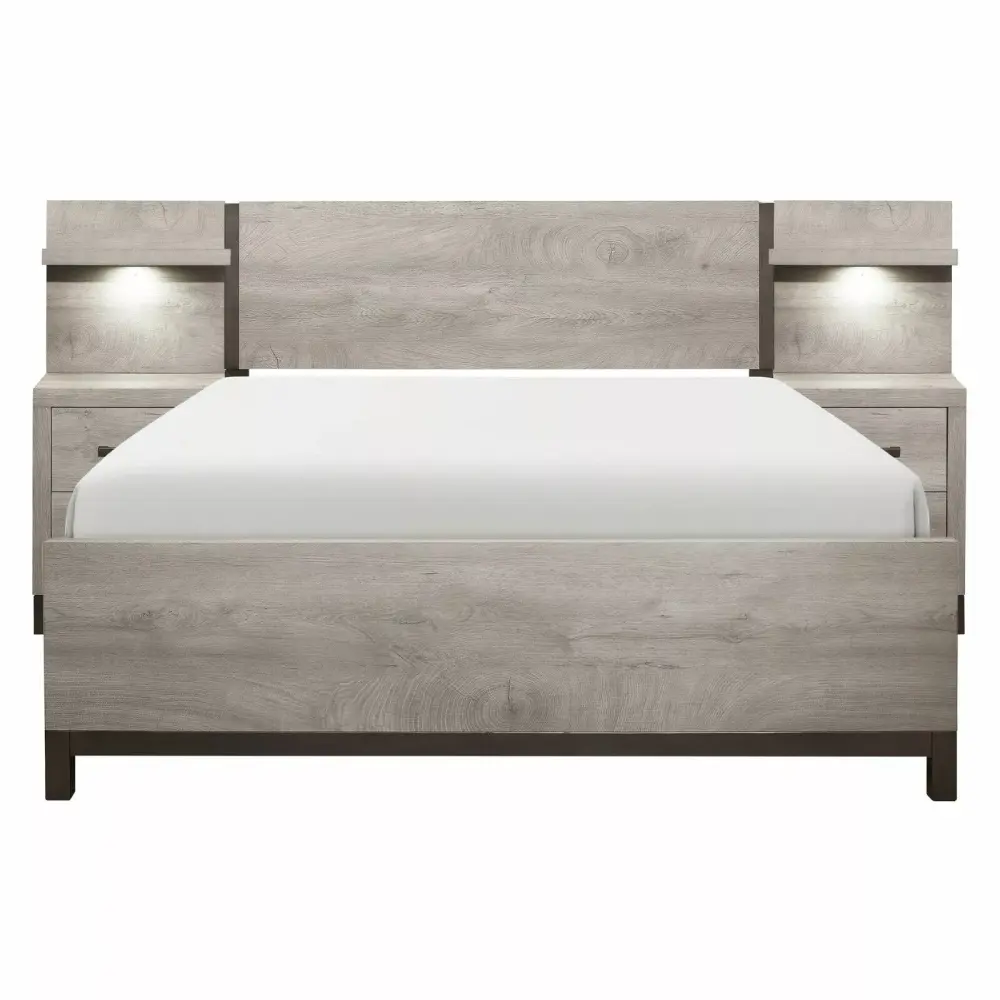 Modern Polished 5-Piece Full Bedroom Set with LED Light Wall Panels Light Gray Finish