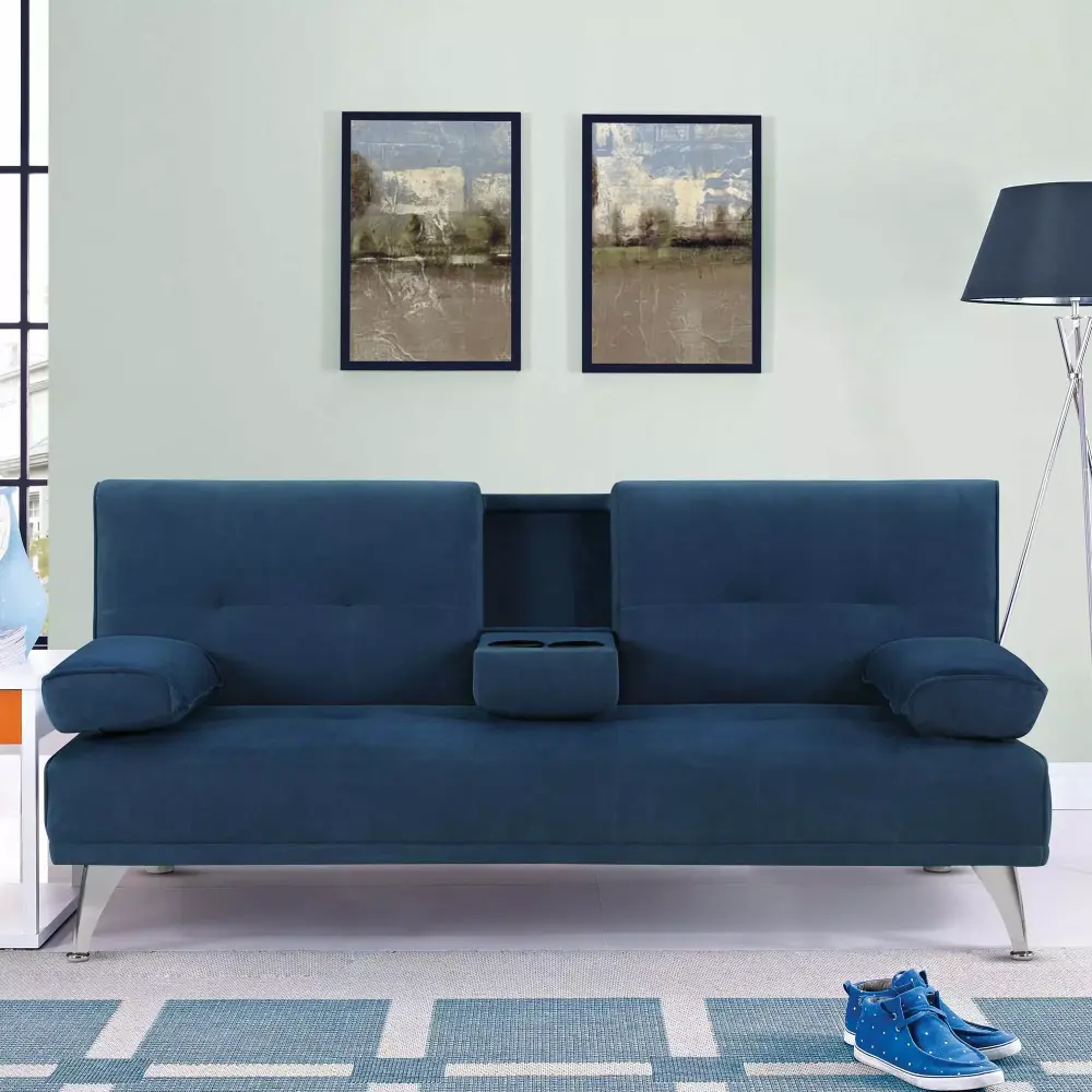 Serta Milan Modern Futon with Pull Down Drink Tray Navy Blue Fabric