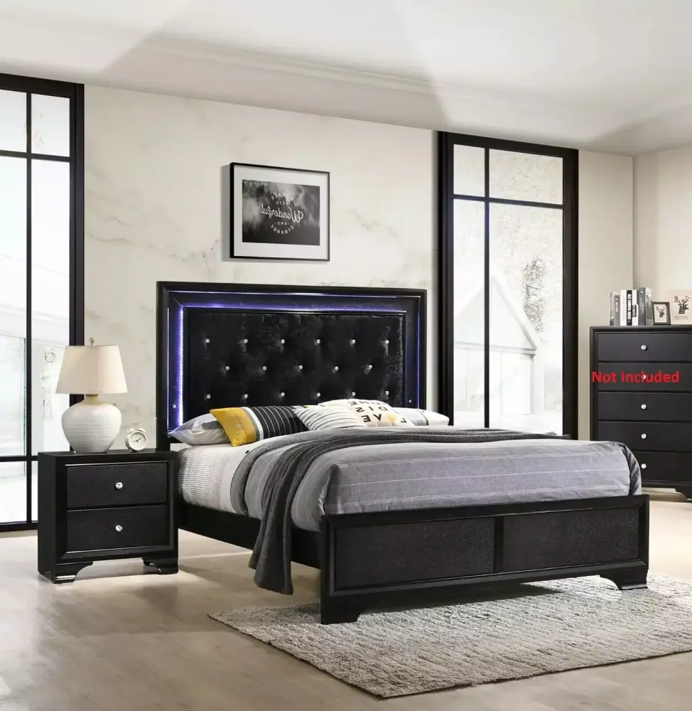 3pc Modern Glam Style Full Size Upholstery LED Bed and Nightstands Bedroom Set Wooden Furniture Black