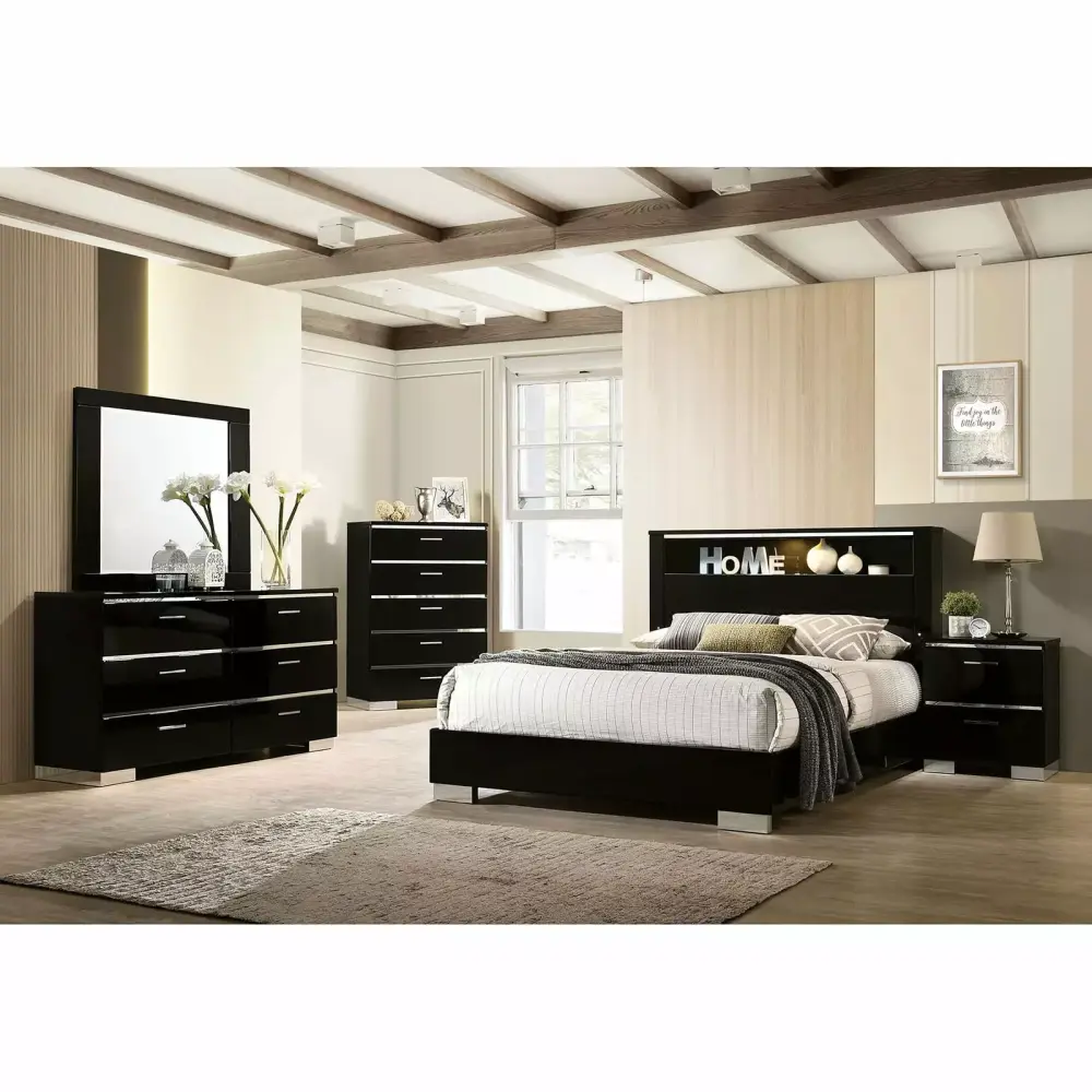 5pcs Black High Gloss Lacquer Eastern King Size Bedroom Set