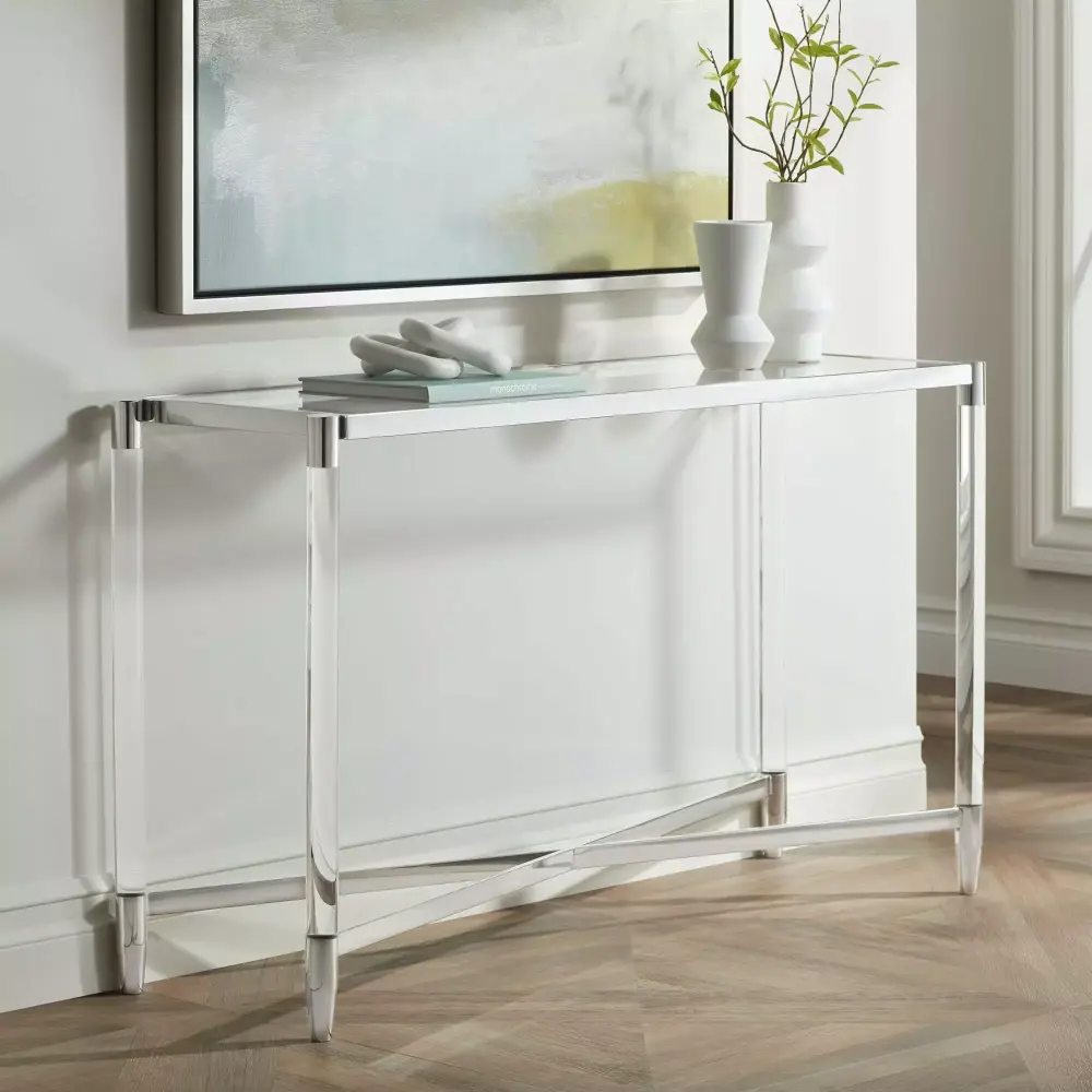 55 Downing Street Stefania Modern Metal Rectangular Console Table 50 x 16 Silver Glass Tabletop