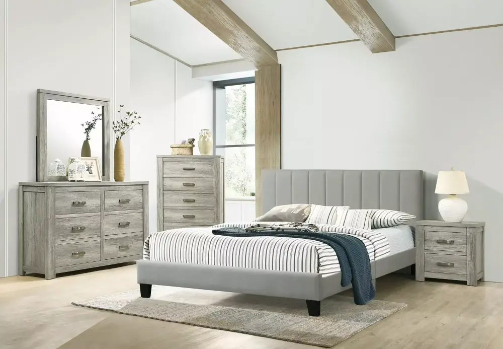 Modern Simple Bedroom Furniture 4pc Set Gray Color Full Size Bed Dresser Mirror Nightstand Plywood