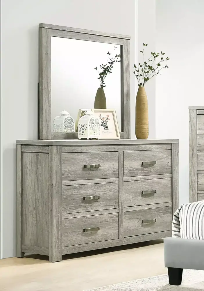 Modern Simple Bedroom Furniture 4pc Set Gray Color Full Size Bed Dresser Mirror Nightstand Plywood