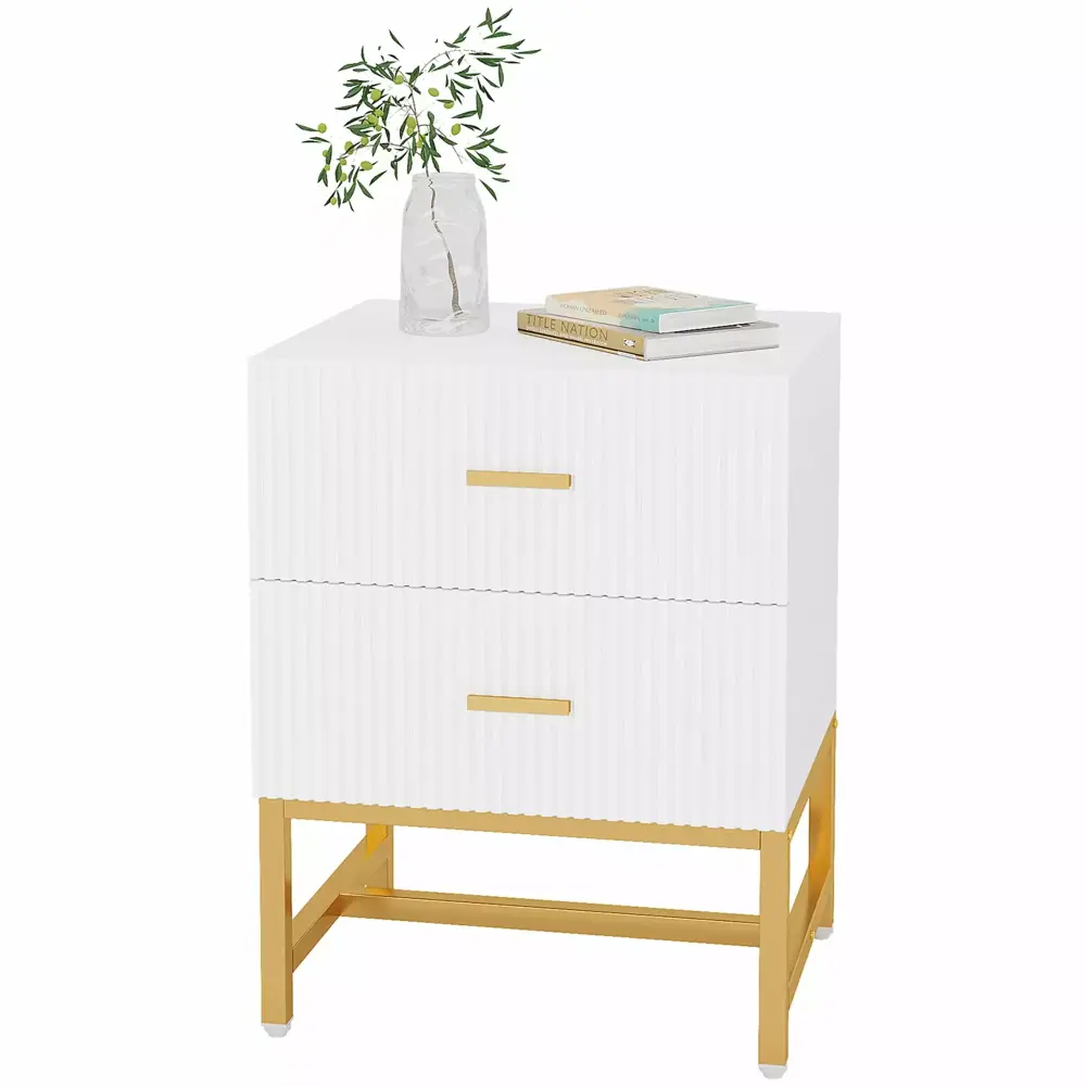 Topcobe 2-Drawer Nightstand White Gold Large Modern Bedside Table with Striped Design