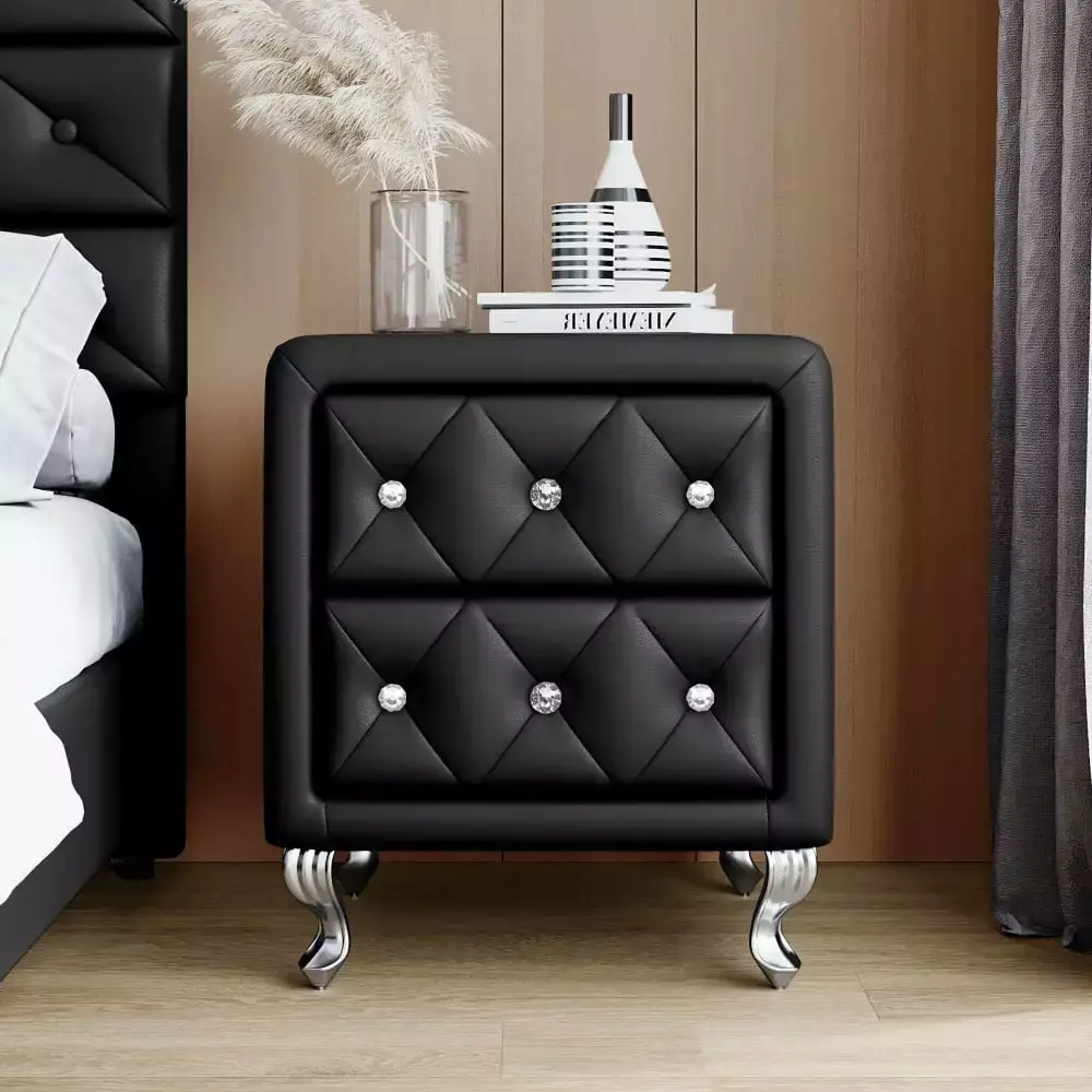 Elegant PU Nightstand with 2 Drawers and Crystal Handle Black Modern Bedside Table