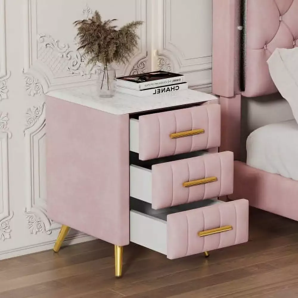 Tansole Wooden Nightstand with 3 Drawers and Metal Legs Pink Marbling Worktop