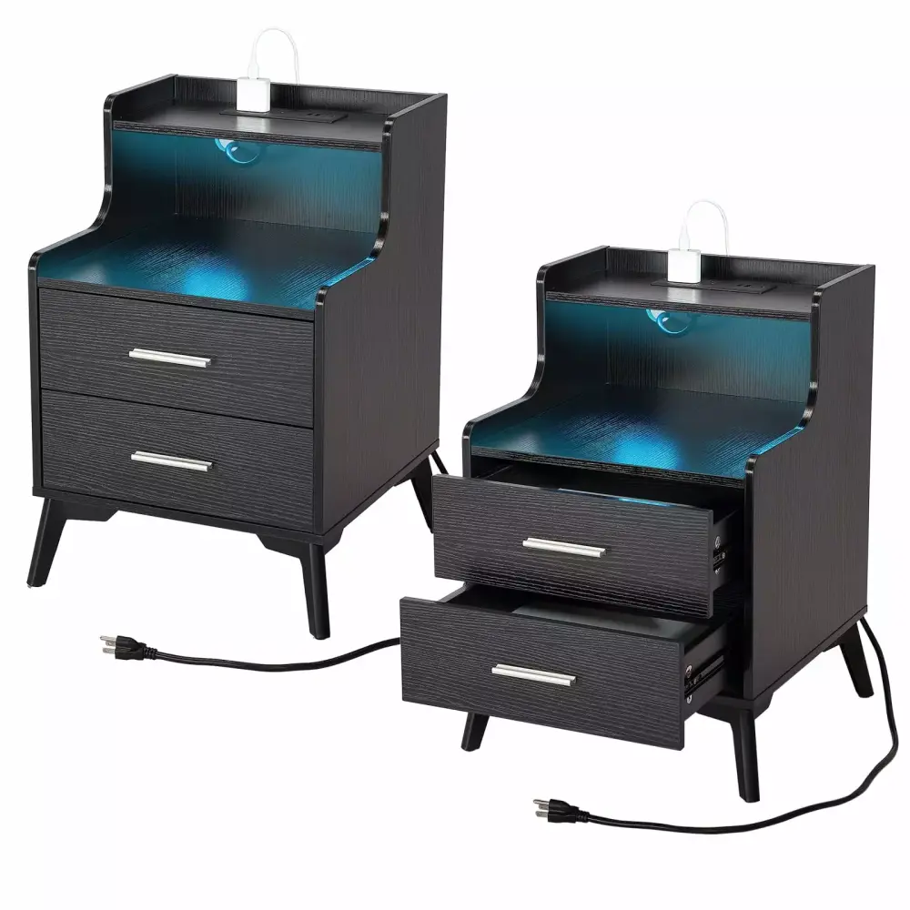 Yamissi Nightstands Set of 2 Night stands with Charging Station & 2 Drawer Bed Side Tables with Solid Wood Feet End Table for Bedroom Living Room Black