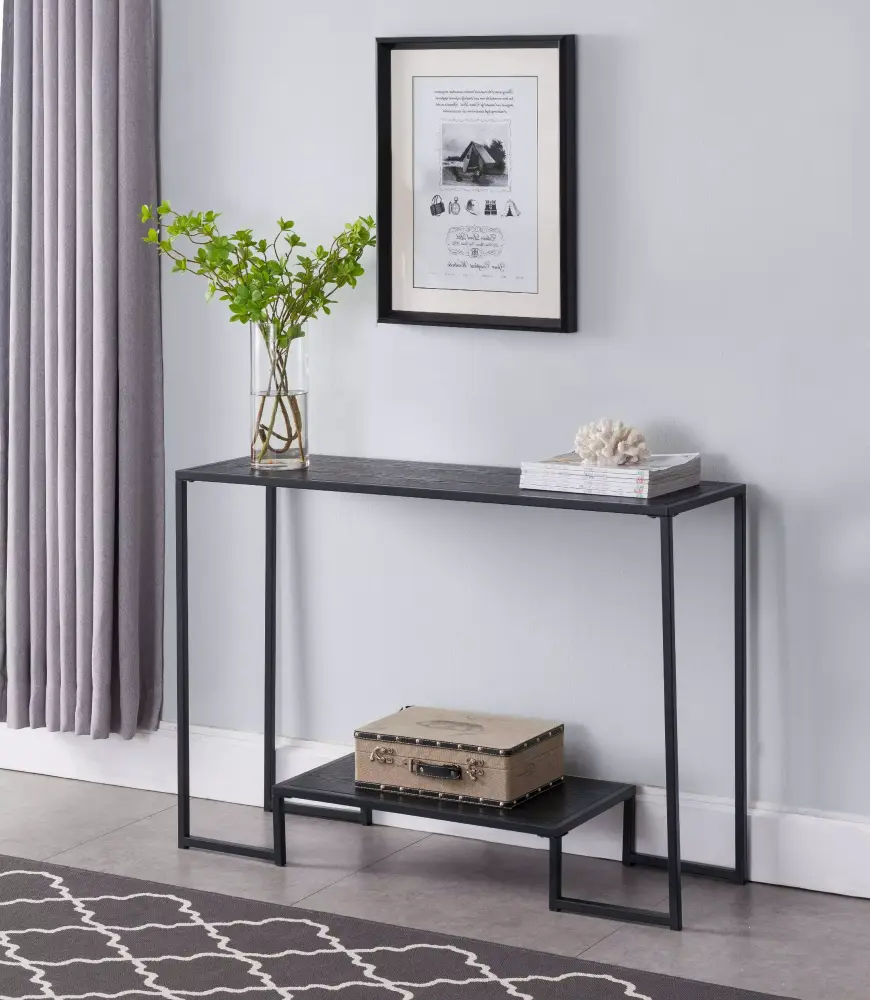 Stamos Modern Black Metal Frame Console Table with Gray Wood Top and Shelf