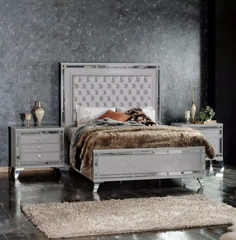 3pc Modern Luxury Queen Light Gray Tall Queen Bed with LED Nightstands