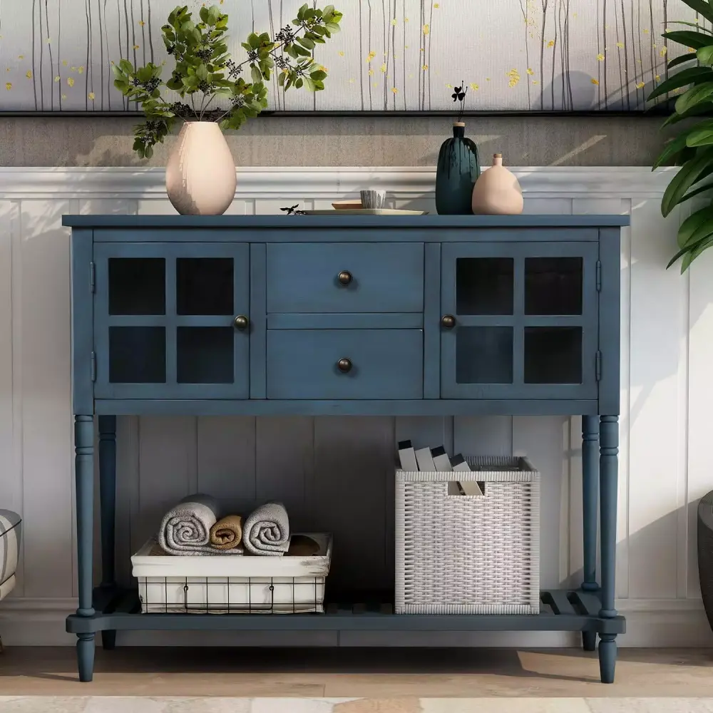 Modern Sideboard Console Table with Two Drawers and Bottom Shelf Wood Glass Storage Cabinet Navy Blue