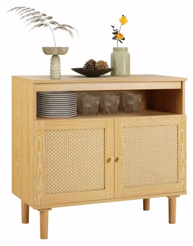 Zengpin Modern Buffet Cabinet with Storage Boho Farmhouse Accent Sideboard Woven Rattan Doors Adjustable Shelves
