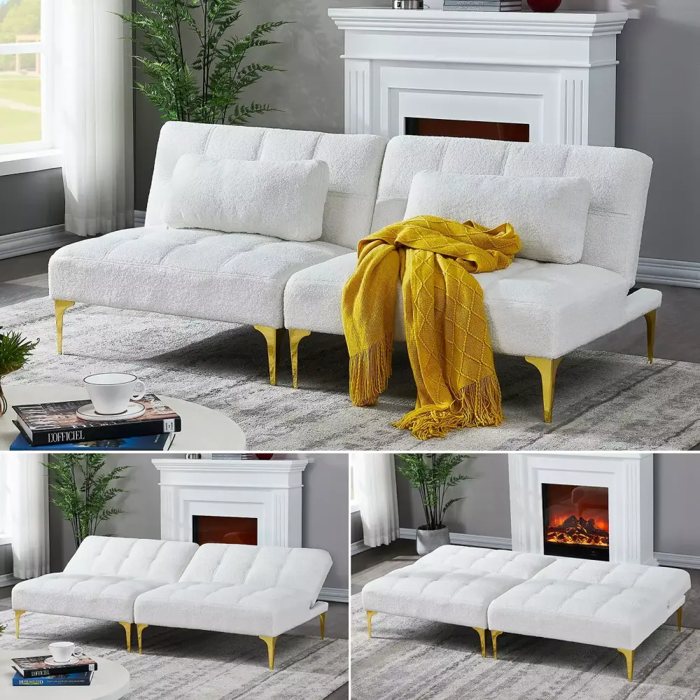 Convertible Teddy Fabric Sofa Bed Futon with Adjustable Backrest White