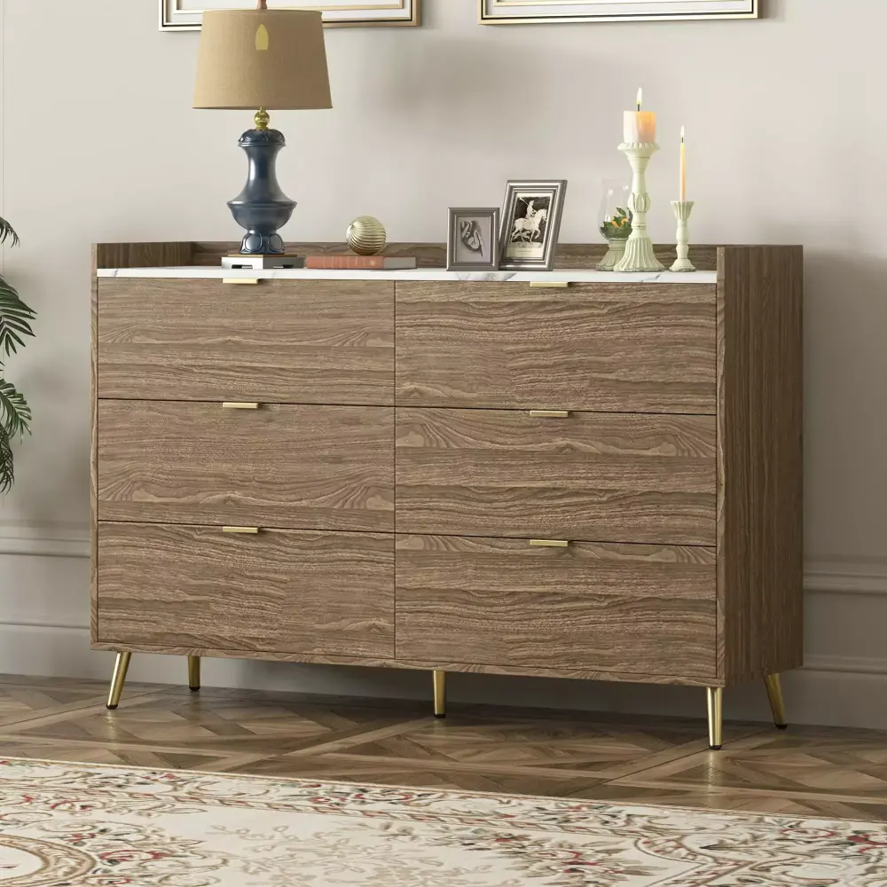 Miekor Furniture 55 Long 6 Drawer Dresser with Marbling Worktop Modern Storage Cabinet