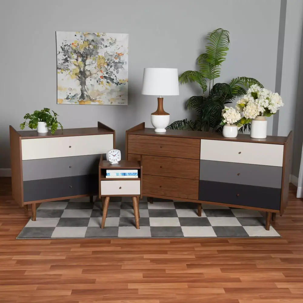 Baxton Studio Halden Mid-Century Modern Walnut Brown and Grey 3-Piece Storage Set