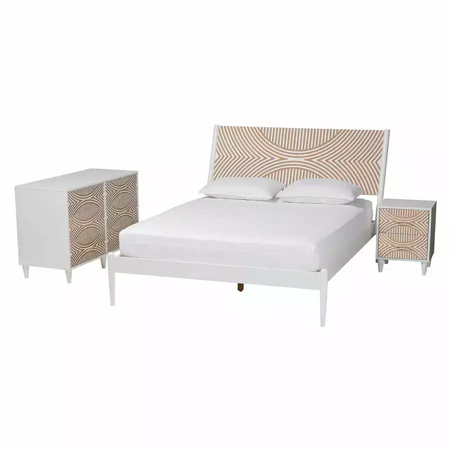 Baxton Studio Louetta White Caved Contrasting King Size 3-Piece Bedroom Set