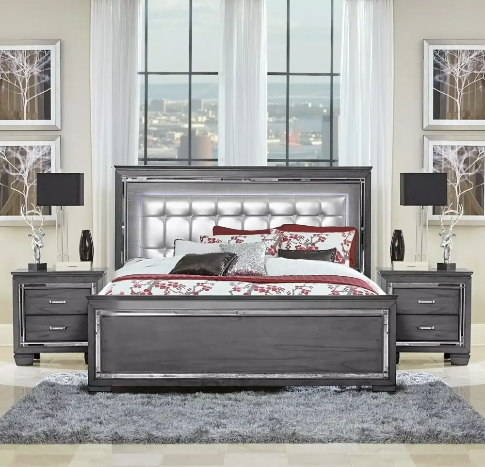 Modern Style Bedroom 3pc Set Cal-King Size Upholstered LED Headboard Bed Nightstands LED Lighting Wooden Furniture Set