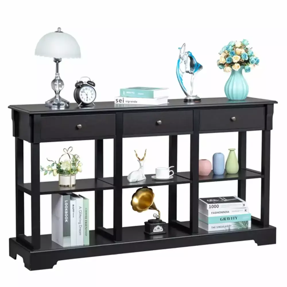 Long Sofa Table with 3 Drawers Modern Black Console Table for Living Room Entryway