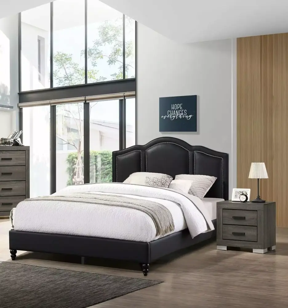 Gorgeous Black Faux Leather Full Size Bed 3pc Set 2x Nightstands Modern Bedroom Furniture