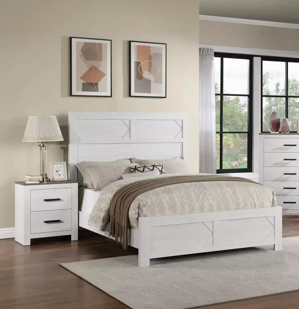 Timeless Modern White Queen Size Bed Set with 2 Nightstands 3pc High Headboard Unique Design