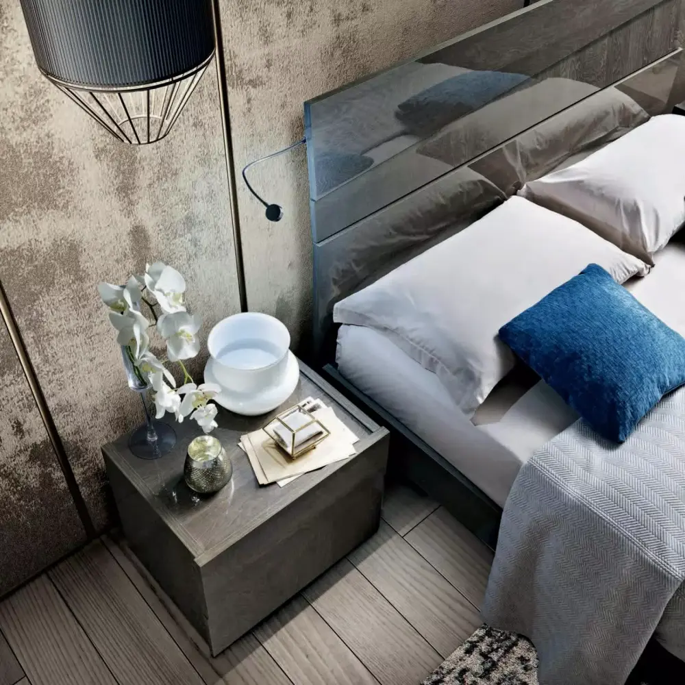 Modern High Gloss Grey Queen Bed with 2 Nightstands Made in Italy ESF Tekno