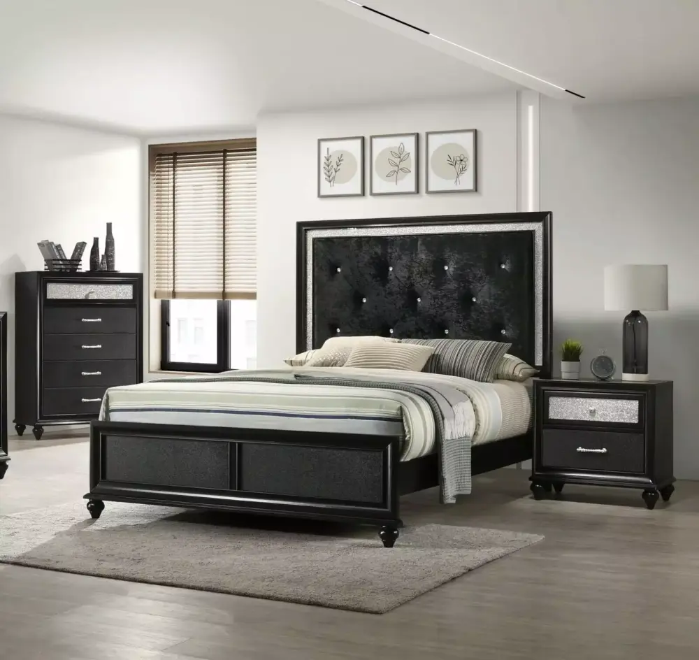 Modern Glam 3pc Queen Size Bedroom Set Black Finish Upholstered Panel Bed Chest Nightstand