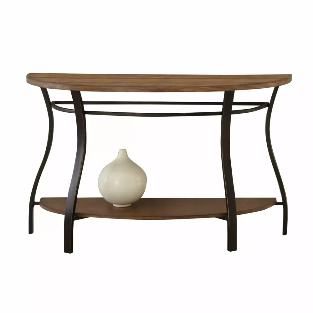 Modern Curves Sofa Table Barn Board-Look Wood Top Oak Finish for Living Room