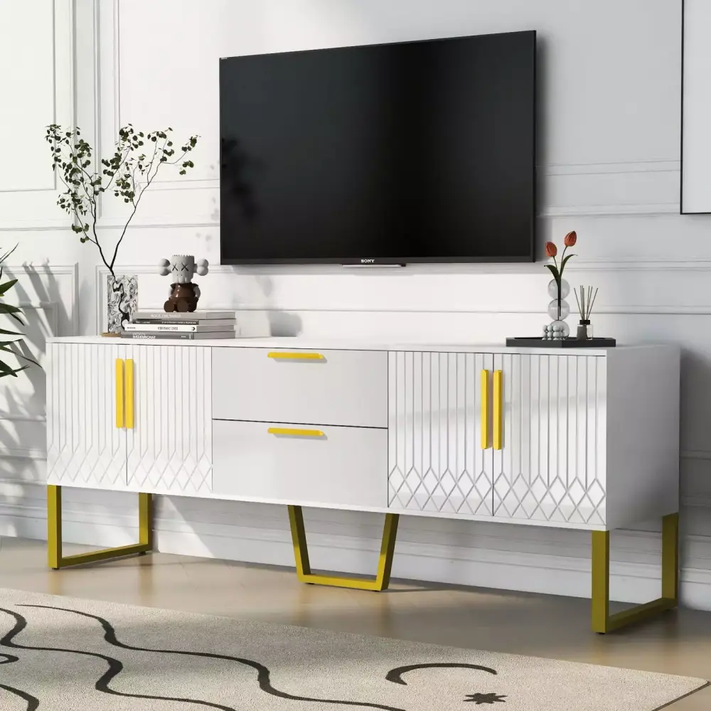 Modern TV Stand for 75 Inch TVs Storage Cabinet with Drawers and Metal Legs White