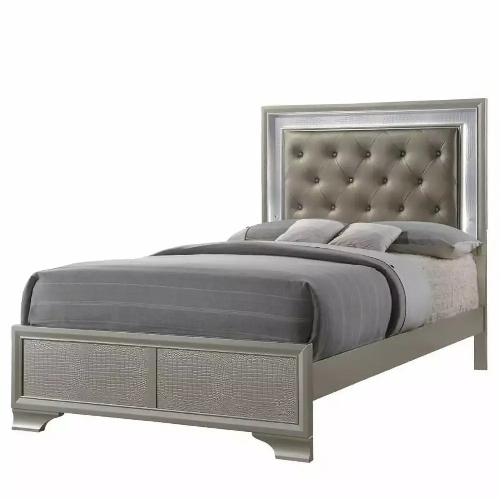 Modern Champagne Faux Finish 4-Piece Twin Size LED Backlit Bedroom Set with Dresser Mirror Nightstand