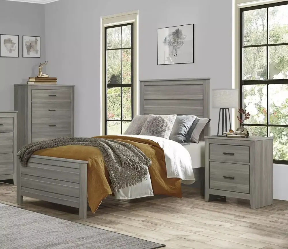 Modern Style Furniture Panel Bed and Nightstands 3pc Set Twin Size Bedroom Dark Gray Headboard Footboard