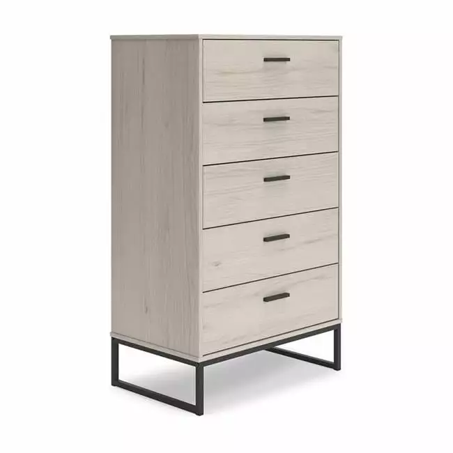 51 Inch Zed 5 Drawer Chest with Natural Beige Wood Frame and Black Metal Base - Contemporary Bedroom Furniture