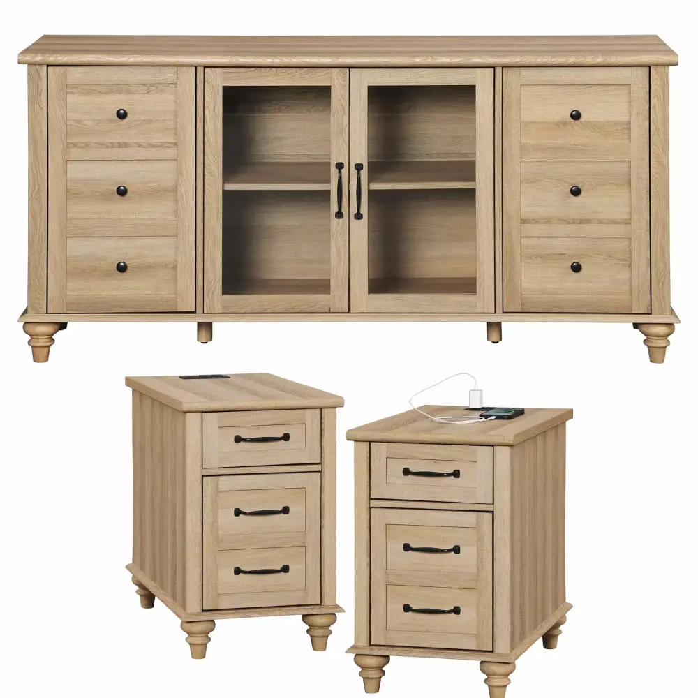WAMPAT 3 Piece Glass Door TV Stand Set with Charging Station - Modern Oak Entertainment Center