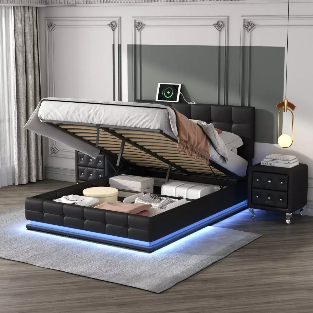 3-Pieces Bedroom Sets Queen Size Upholstered Bed with LED Lights Hydraulic Storage System and USB Charging Station