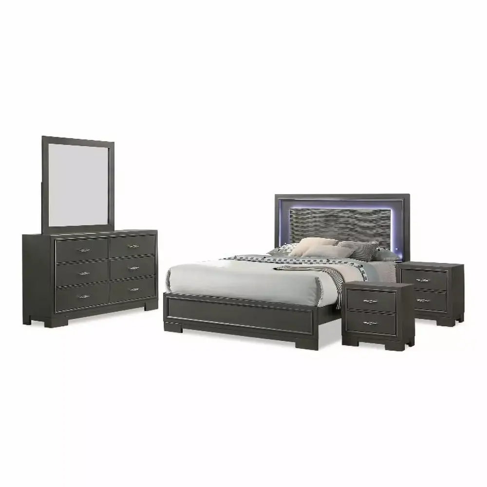 FOA Santi 5pc Gray Wood Bedroom Set Full Size with 2 Nightstands Dresser and Mirror