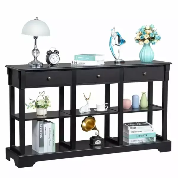 Modern PC Computer Writing Desk with 3 Drawers and Bottom Open Shelves Console Side Table
