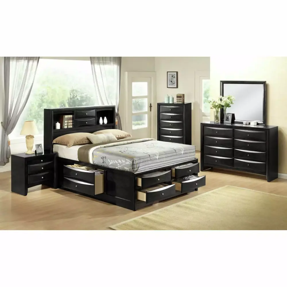 HomeStock City 5-Piece Bedroom Set in Polished Black - Contemporary Style