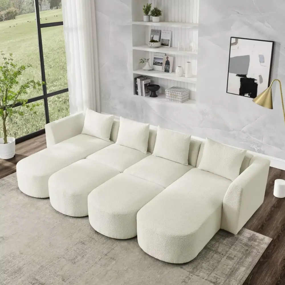 Modular U-Shape Sectional Sofa Set with Two Single Seats and Two Chaises - Beige Loop Yarn Fabric