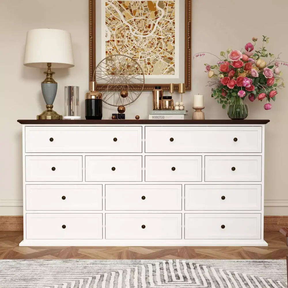Multi-functional 12-Drawer Solid Wood Dresser in Brown & White - Versatile Storage Chest