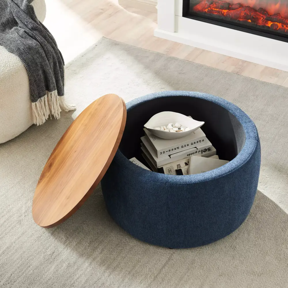 Round Storage Ottoman 2 in 1 Function Work as End Table and Ottoman Navy 25.5x25.5x14.5