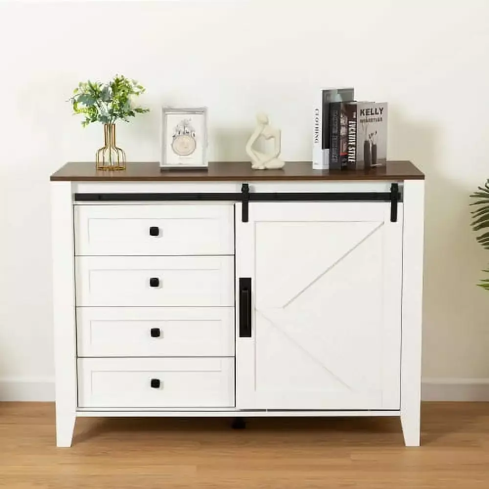 Drawer Dresser Cabinet Sideboard Bar Cabinet Buffet Server Console with Barn Door for Dining Room Living Room Brown White