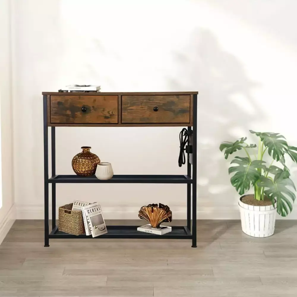 3 Tier Entryway Console Table with Outlets USB Ports and 2 Drawers for Sofa Side