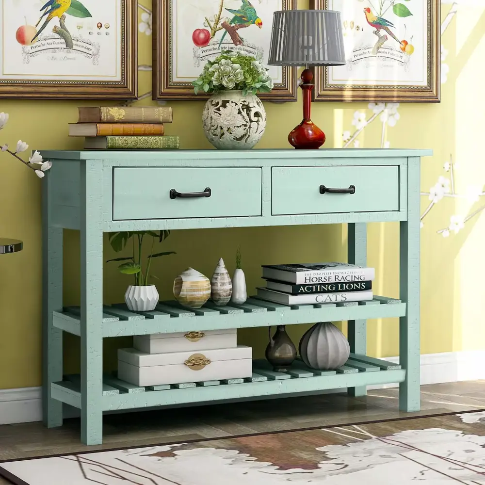 Solid Wood Classic Home Console Table with Two Shelves and Drawers for Study or Dressing