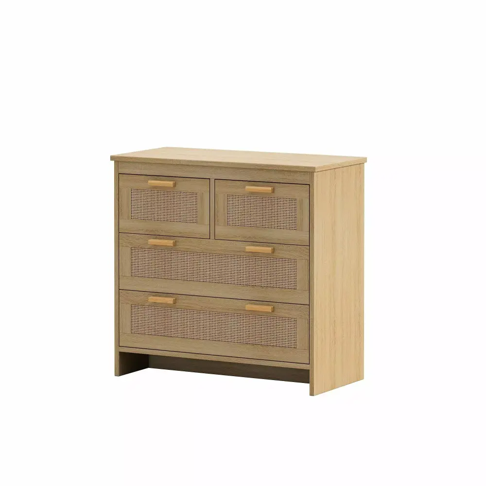 4-Drawers Multi-function Dresser - Rattan Decor and Handles for Stylish Storage