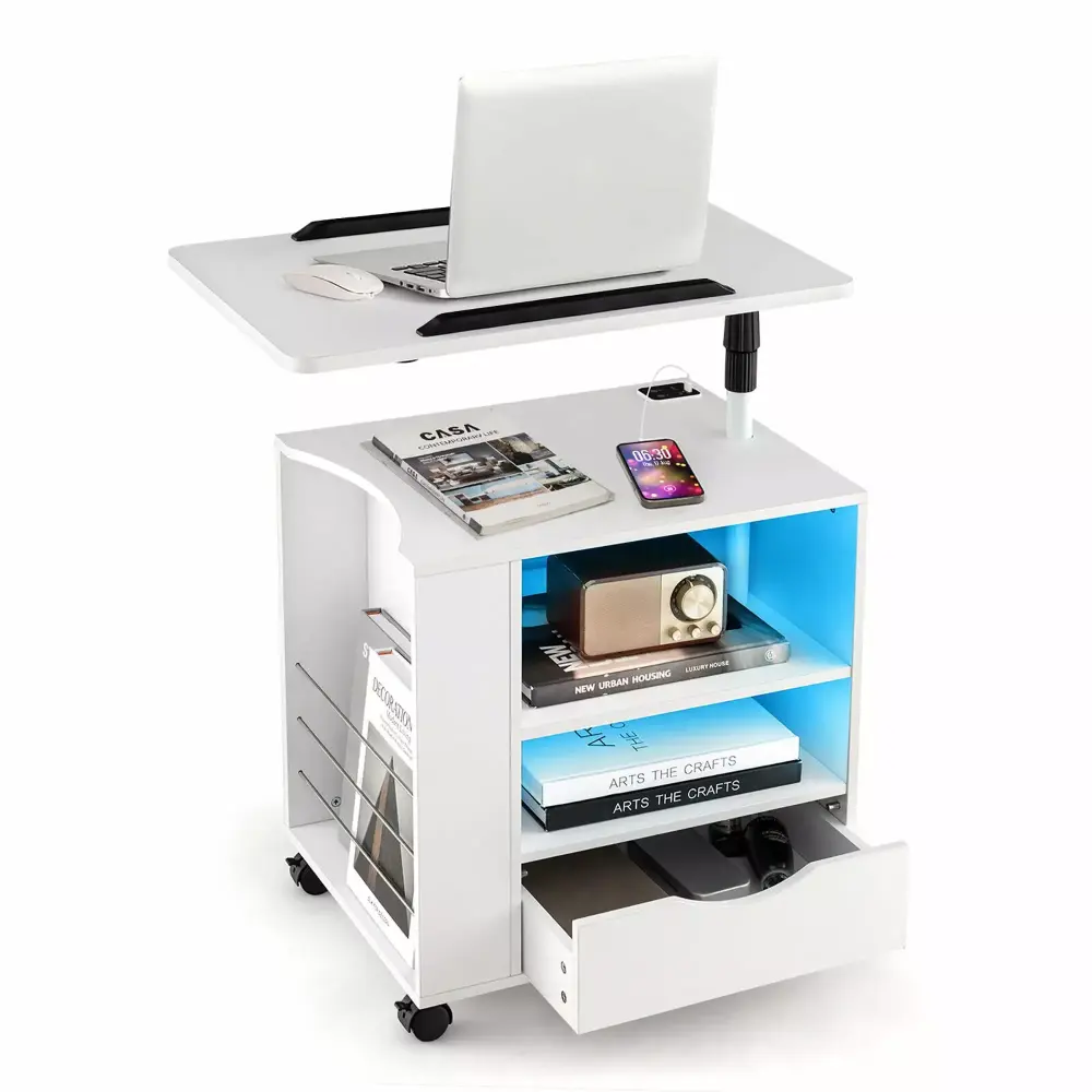 Gymax Swivel Laptop Tray Nightstand with Charging Station and LED Lights Modern Bedside Table