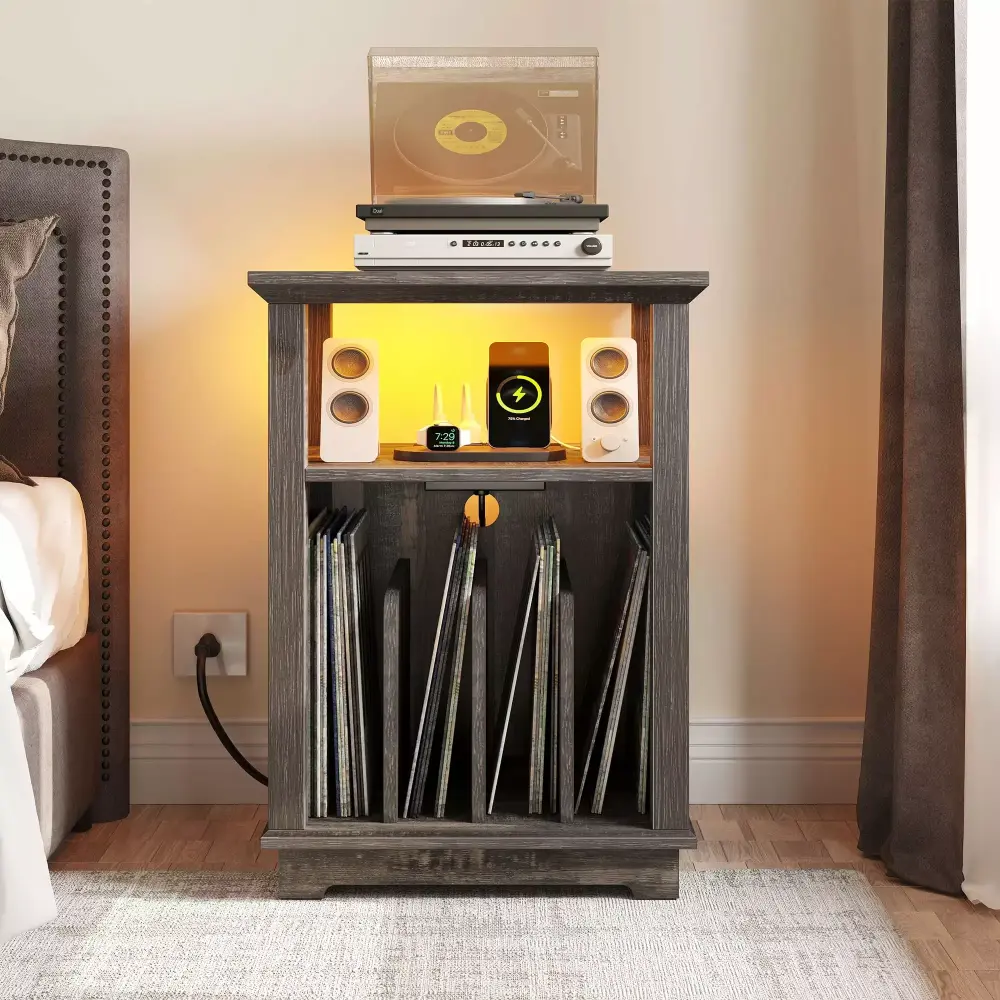 DWVO Modern Record Player Stand with Charging Station Side End Table Nightstands with LED Lights Power Outlets Bedside Table