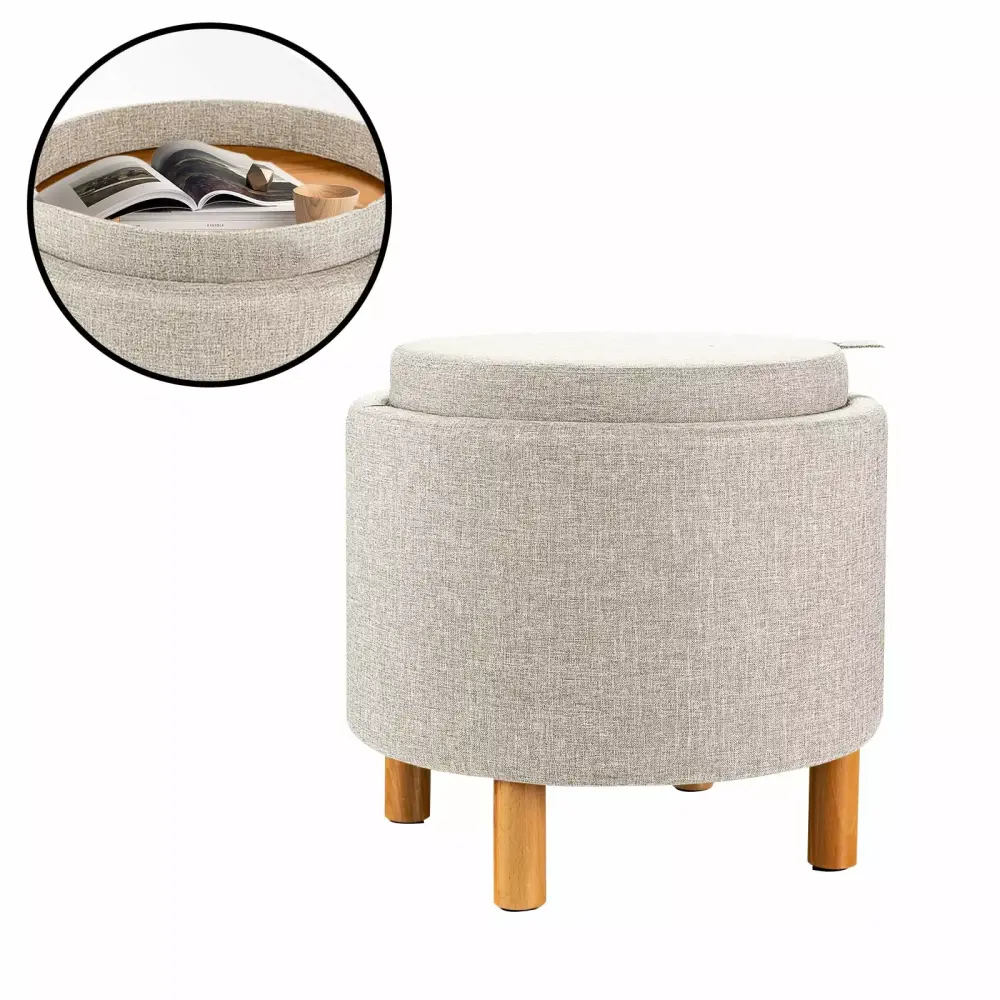 Fonirra Beige Round Multi-Functional Storage Ottoman with Wood Legs - Coffee Table Footrest Stool