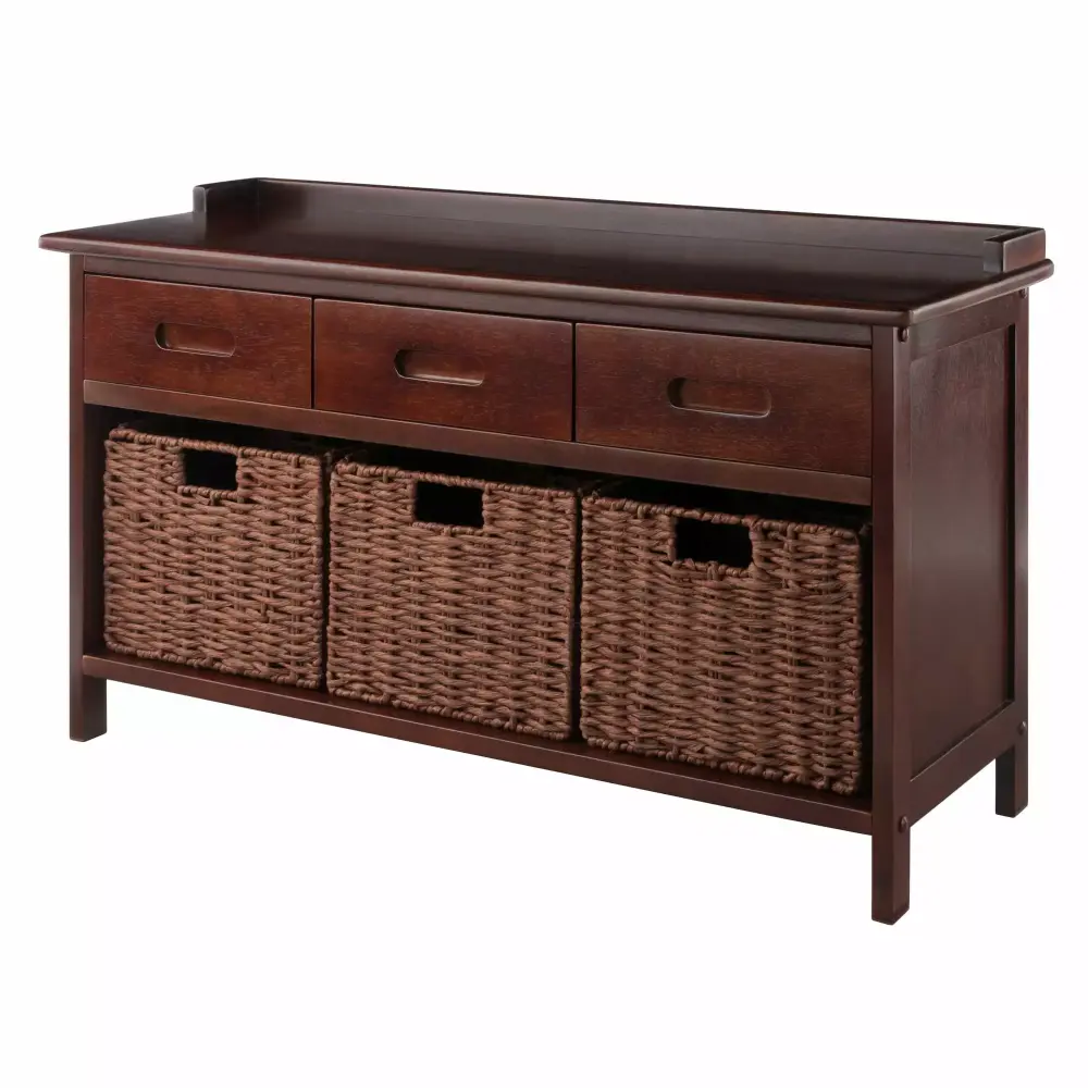Adriana 4-Piece Storage Bench with 3 Foldable Woven Baskets in Walnut Finish