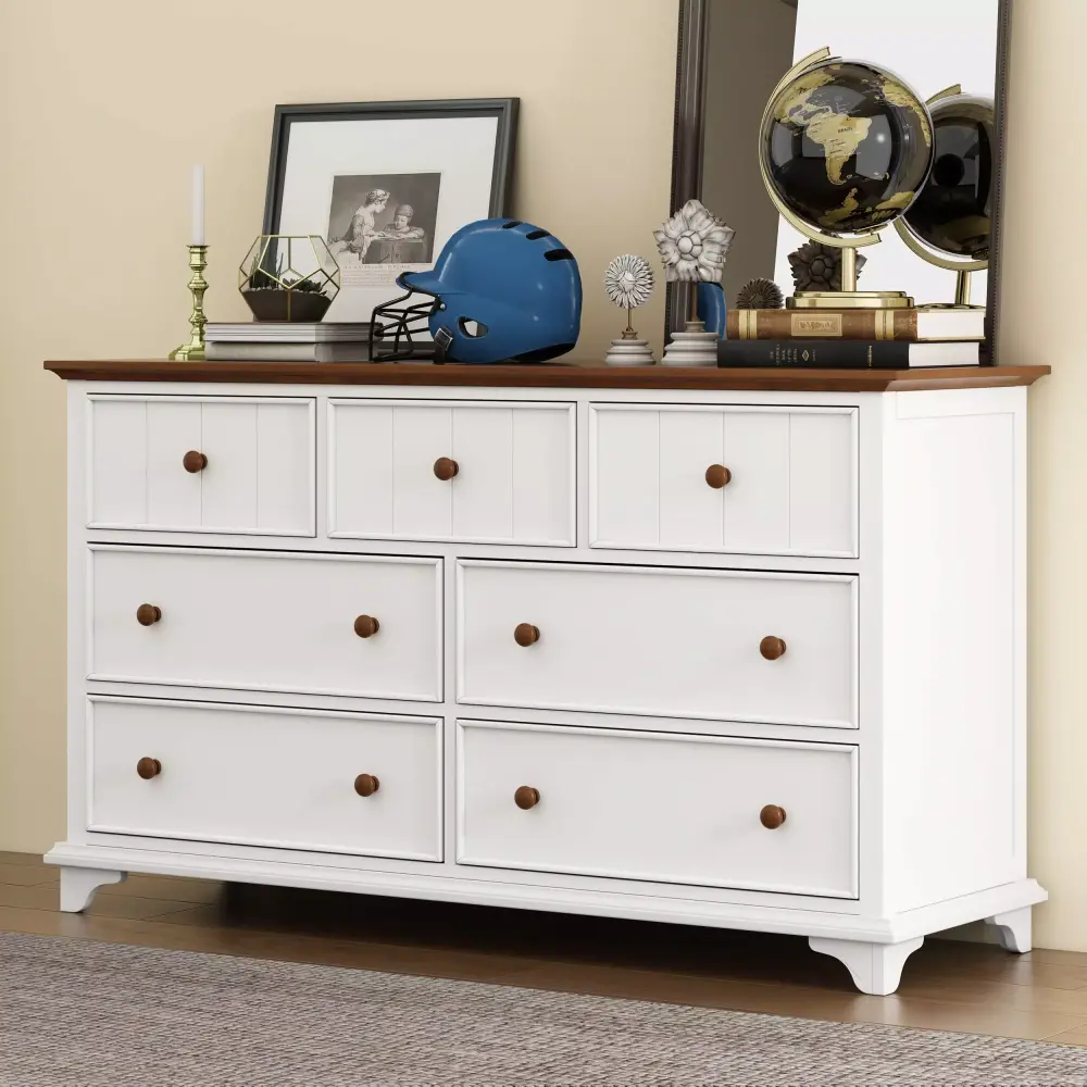 Wooden Captain Seven-Drawer Dresser for Bedroom Living Room Kids Room White and Walnut